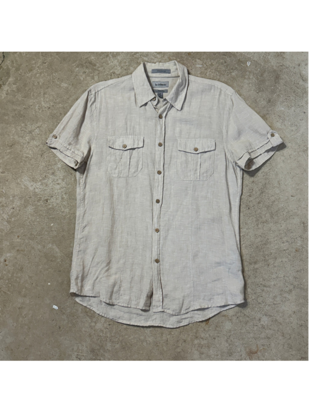 Linen Le Château Casual Button Down Shirt Men’s Medium Beige Brown Short Sleeve